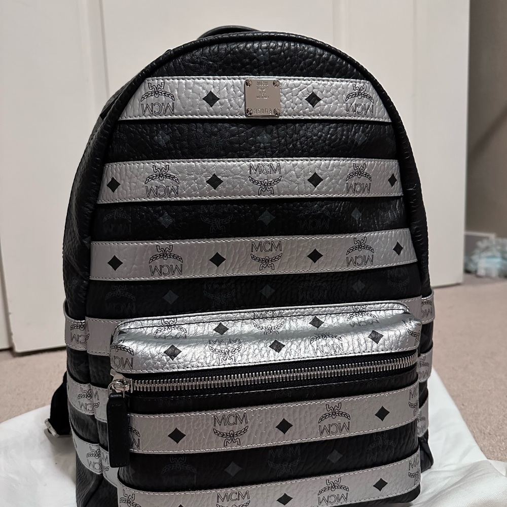 MCM Large Spot Visetos Black and Silver Coated Canvas Leather Backpack